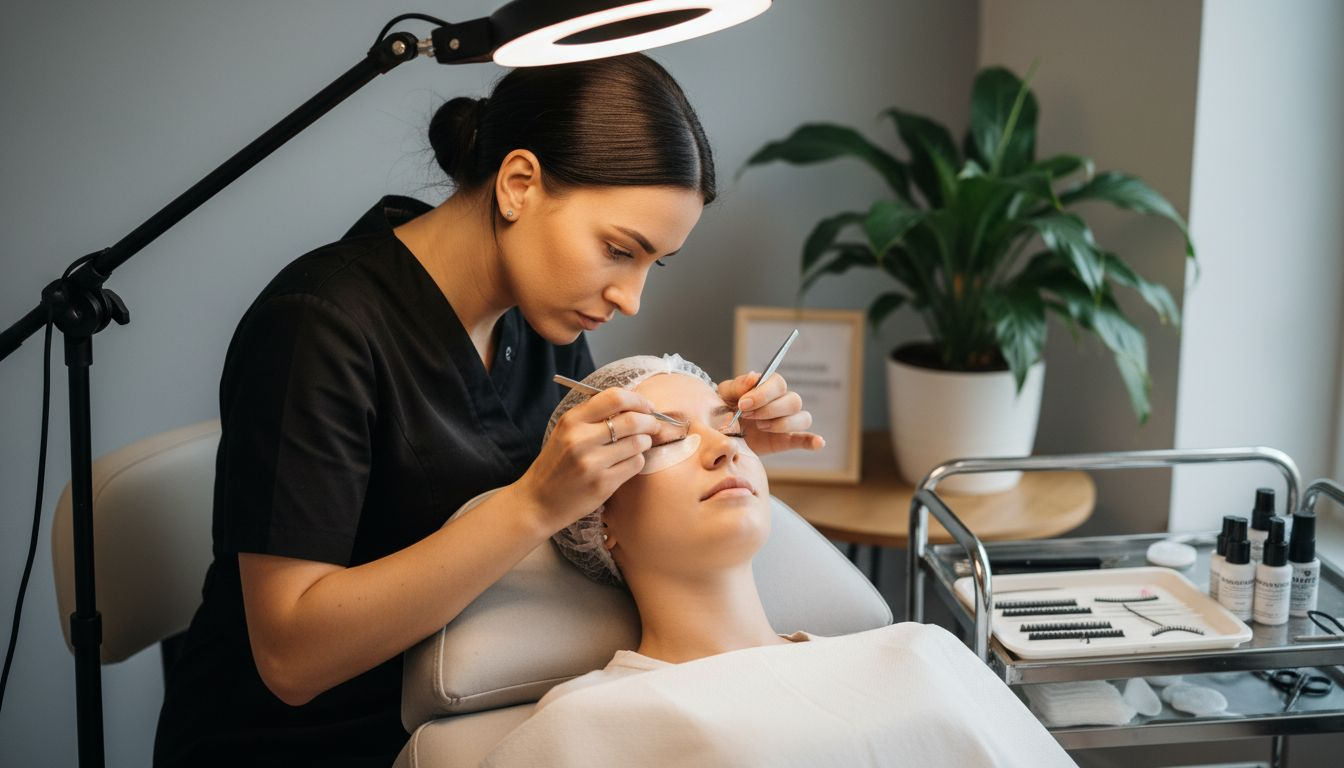 Eine Kosmetikerin bringt im Schönheitssalon professionelle Wimpernverlängerungen an.
