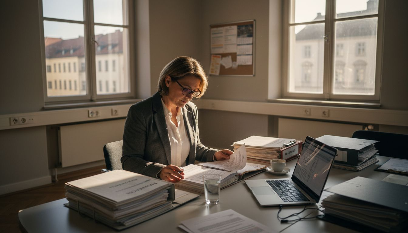 Ein Prüfer kontrolliert Unterlagen in einem Kosmetikunternehmen.