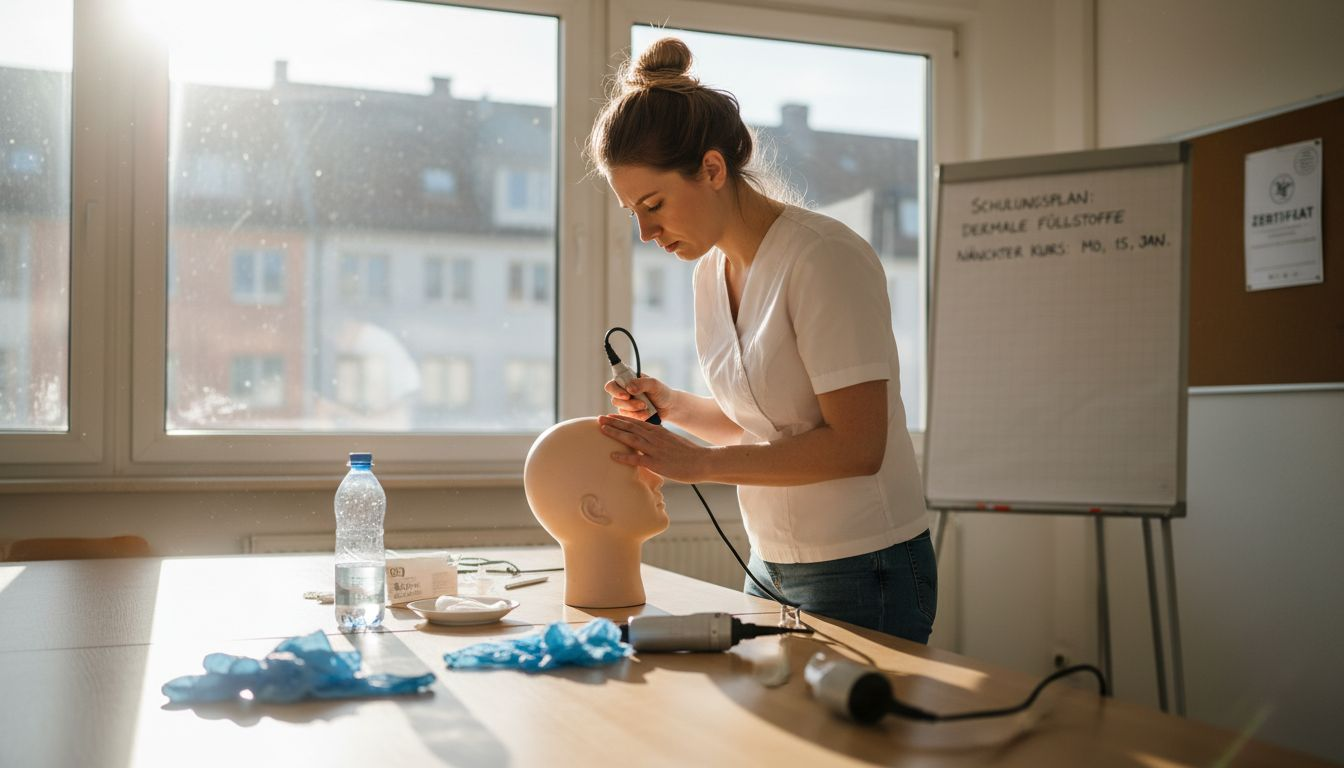 Eine Kosmetikerin übt in einem Schulungsraum an einer Übungspuppe.