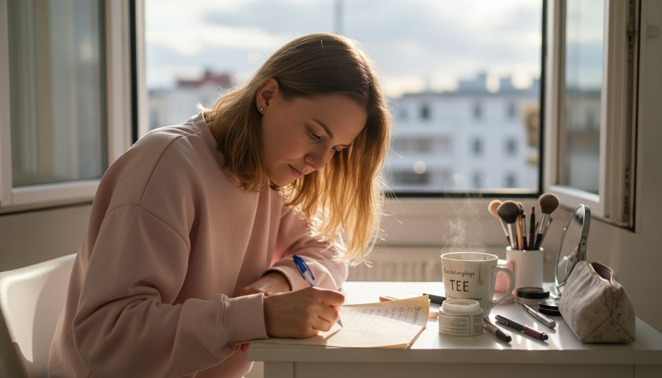 Eine Frau prüft ihre Checkliste für die Kosmetikschulung.