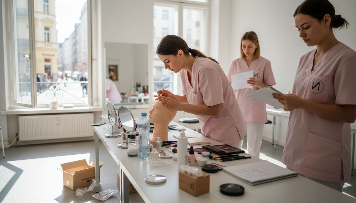 Angehende Kosmetikerinnen sammeln praktische Erfahrungen im Berliner Schulungsraum.