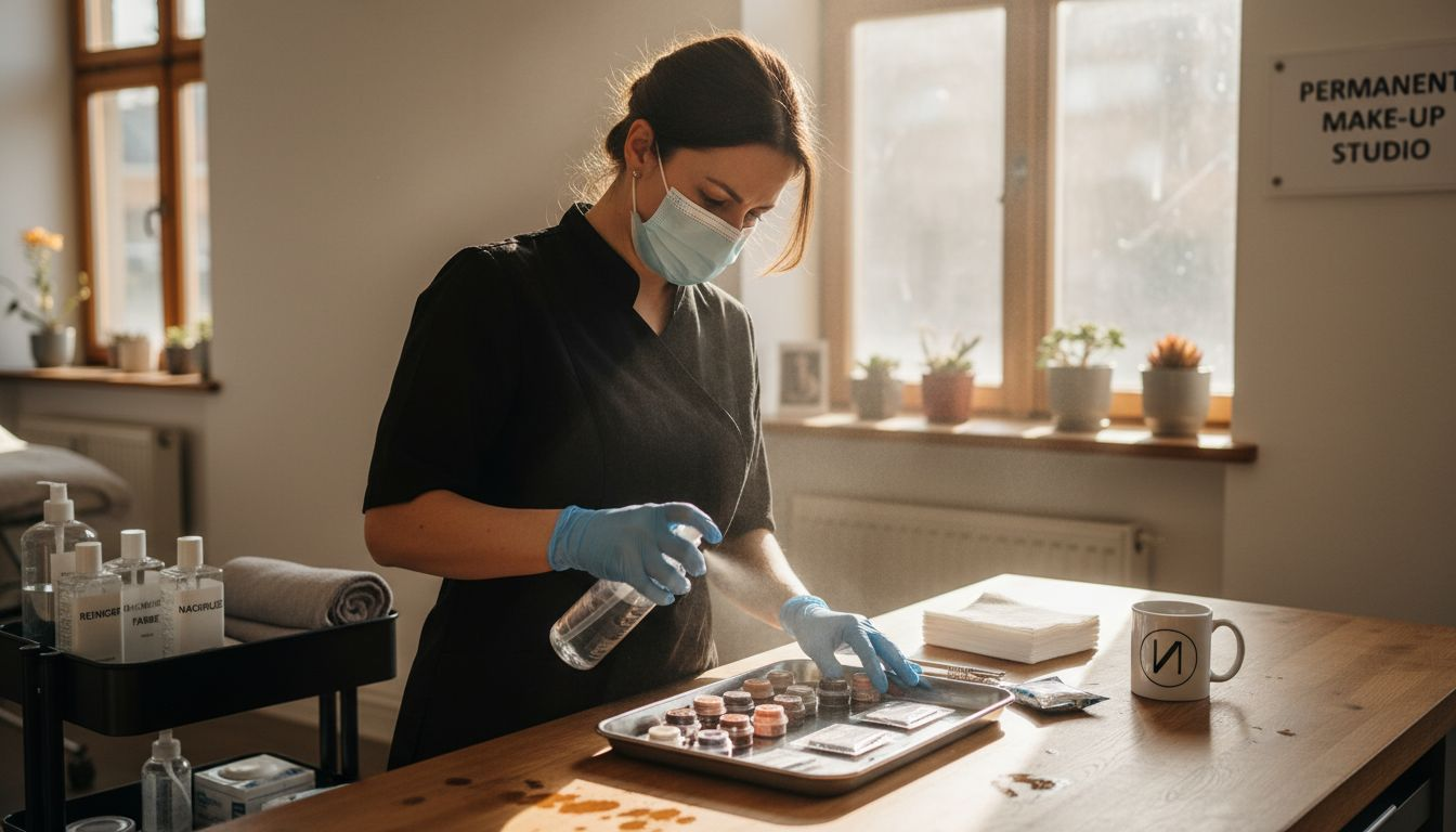 Eine Kosmetikerin richtet ihren Arbeitsplatz für das Make-up her und sorgt dafür, dass alle Produkte und Utensilien griffbereit sind.