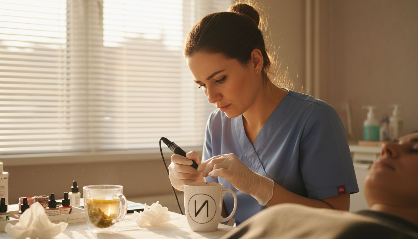 Eine Kosmetikerin trägt in ihrem Studio dauerhaftes Make-up auf.