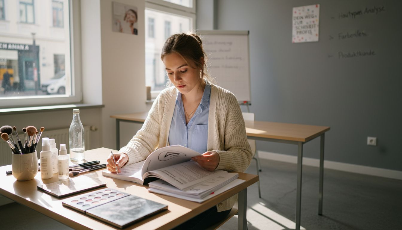 Eine Kosmetikerin bereitet sich im Schulungsraum auf ihre Zertifizierungsprüfung vor.