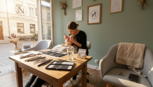 Eine Lash-Stylistin bringt in einem Salon im Erdgeschoss Wimpernverlängerungen an.