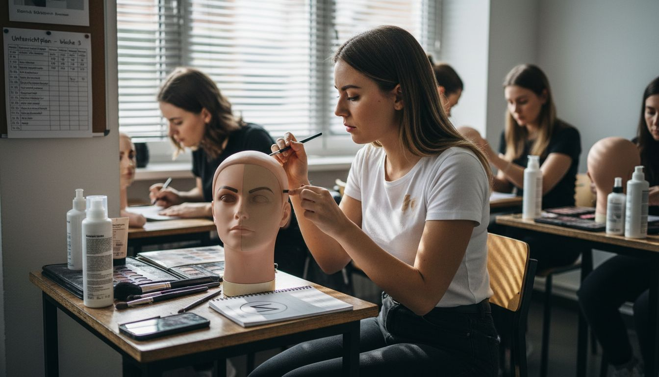 Eine Auszubildende übt im Unterricht verschiedene Techniken aus dem Bereich der Kosmetik.