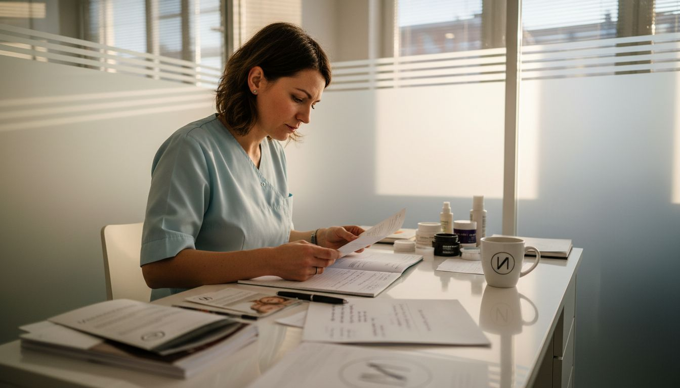 Eine Kosmetikerin prüft Ausbildungsunterlagen und Qualifikationsnachweise.