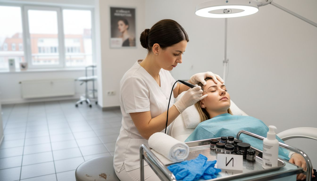 Eine erfahrene Spezialistin für Permanent Make-up formt und pigmentiert die Augenbrauen ihrer Kundin.