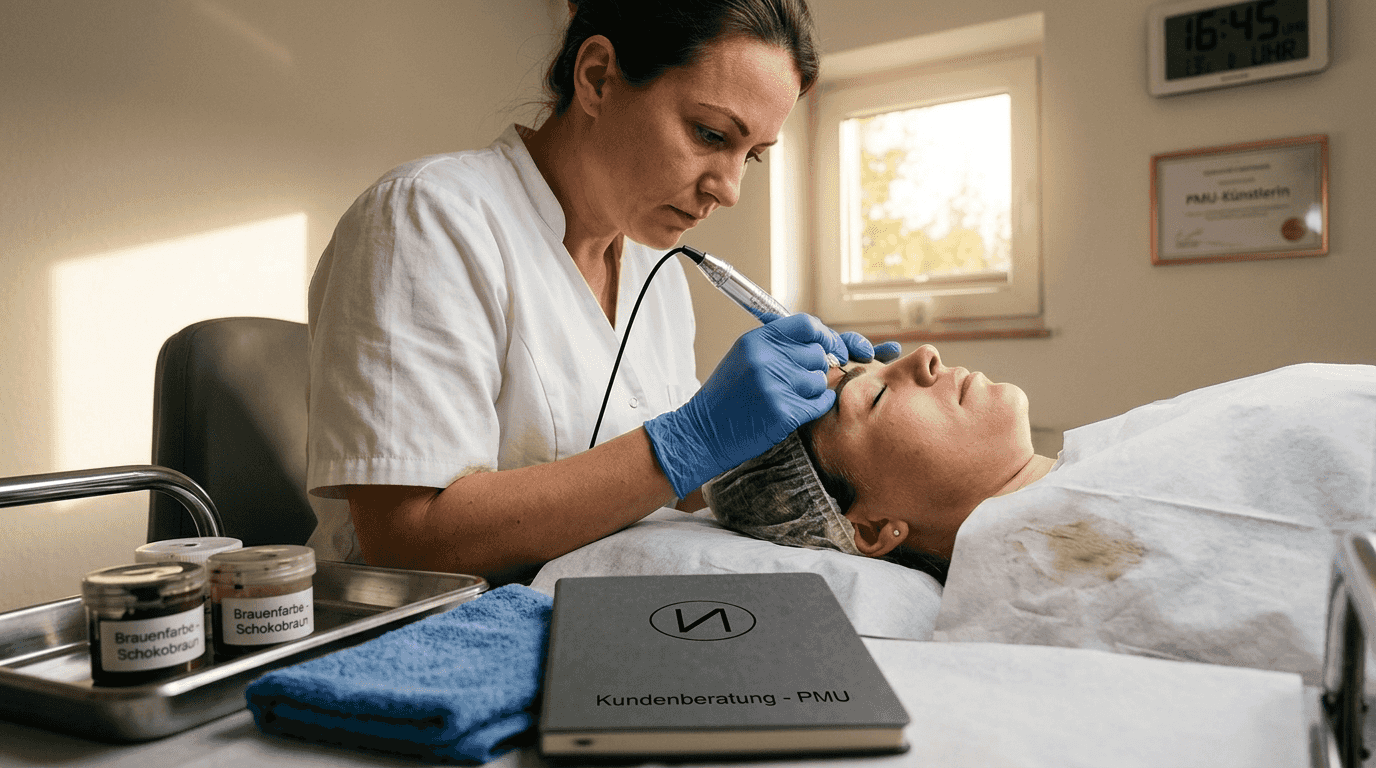Eine erfahrene Kosmetikerin trägt in ihrem Studio professionell Permanent Make-up auf.