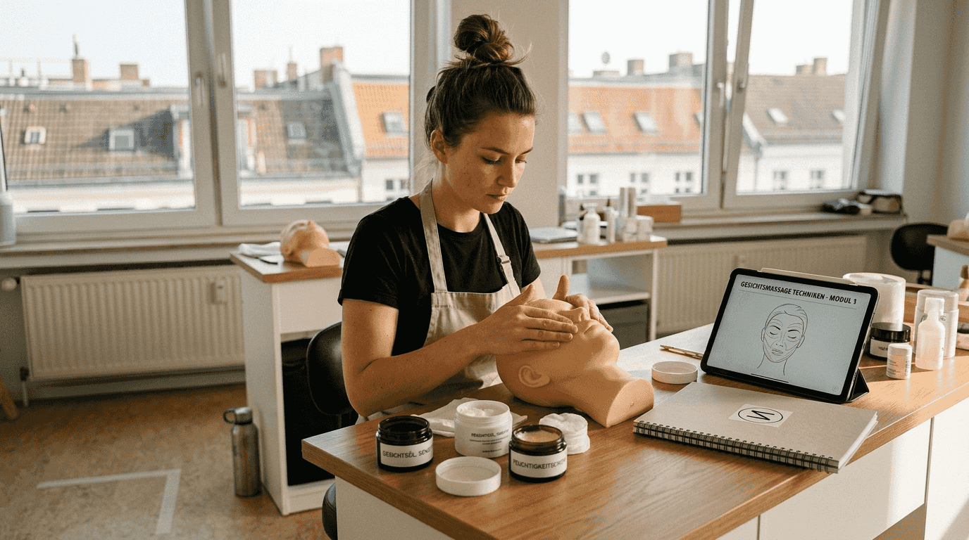 In einem freundlich beleuchteten Schulungsraum vertieft sich eine Schülerin in praktische Kosmetikübungen.