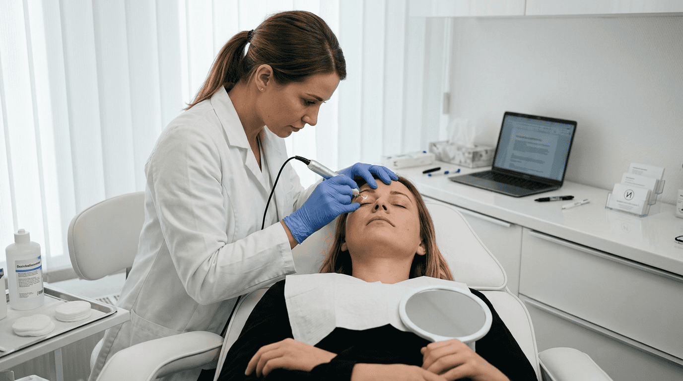 Eine Kosmetikerin behandelt das Augenlid mit einem Plasma Pen.