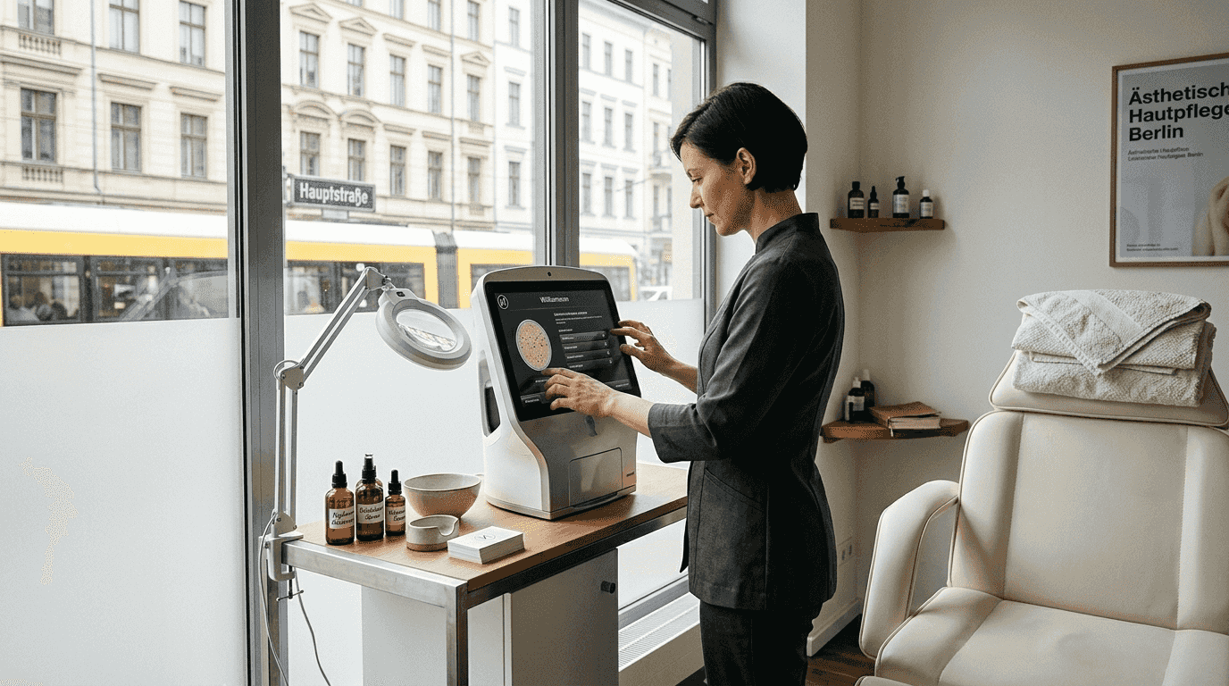 Fachkosmetik Anleitung 2026 1 In Berlin richtet eine Kosmetikerin ihren Behandlungsraum für die nächsten Kundinnen und Kunden her.