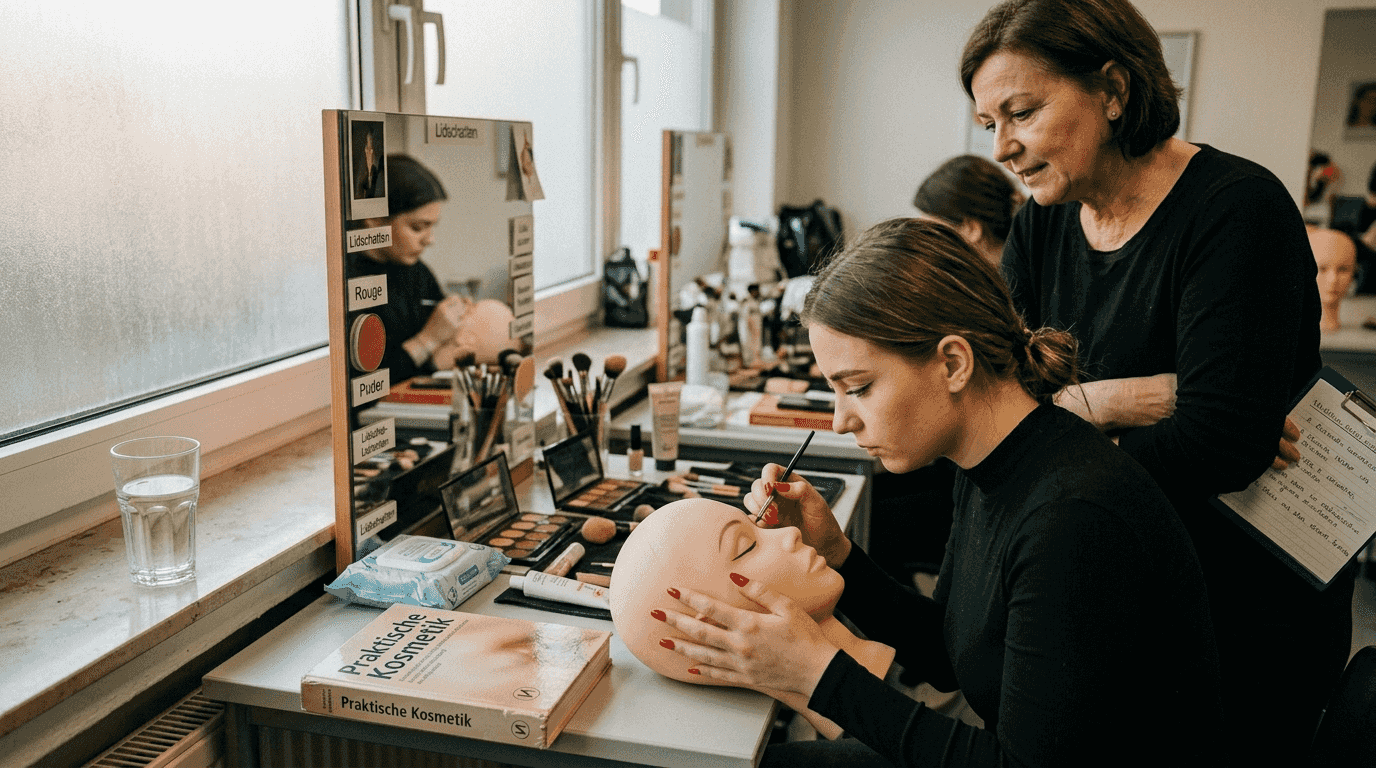 Eine Kosmetikauszubildende sammelt praktische Erfahrungen während einer Übung im Schulungsraum.