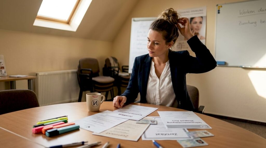 Eine Kosmetikerin prüft ihre Zertifikatsunterlagen sorgfältig.