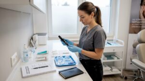 Eine Kosmetikerin informiert sich in der Praxis über die Anwendung eines Microneedling-Geräts.