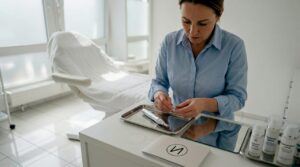 Die Kosmetikerin richtet alles für die Microneedling-Behandlung her.