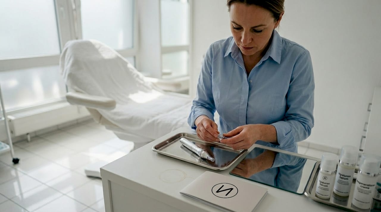 Die Kosmetikerin richtet alles für die Microneedling-Behandlung her.