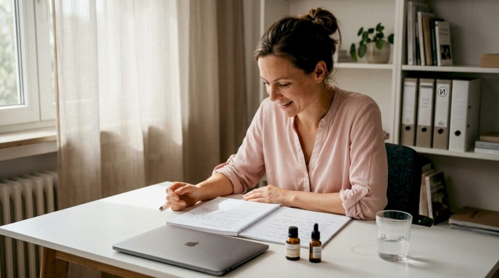 Eine Beauty-Expertin geht ihre Schulungsunterlagen durch.