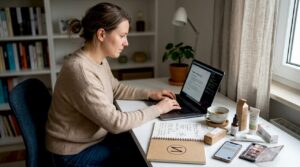 Eine Gründerin arbeitet an ihrem Schreibtisch und bringt ihr Beauty-Unternehmen voran.