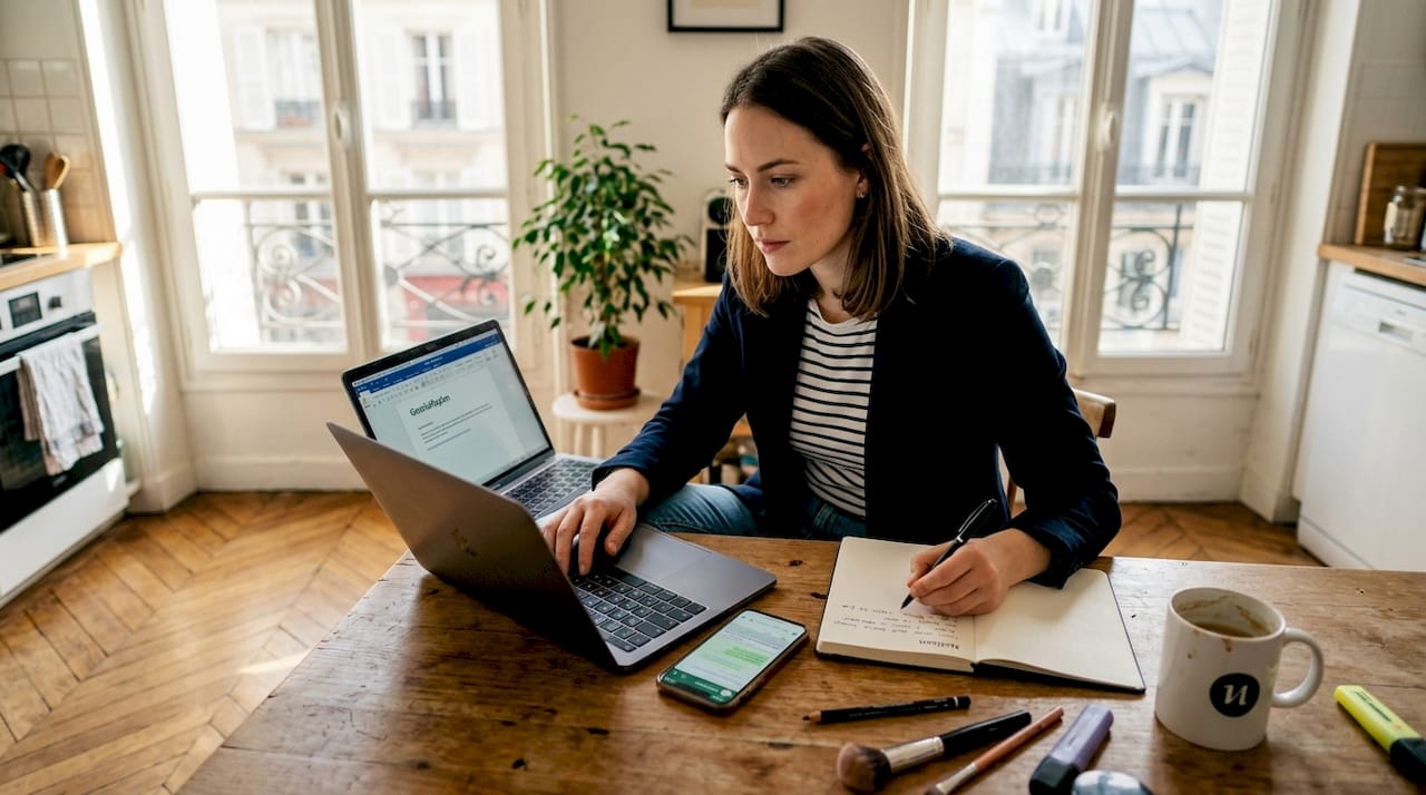 Business-Training für Kosmetikerinnen 1 Mitten in ihrer Küche tüftelt die Kosmetikerin an ihrem Businessplan.