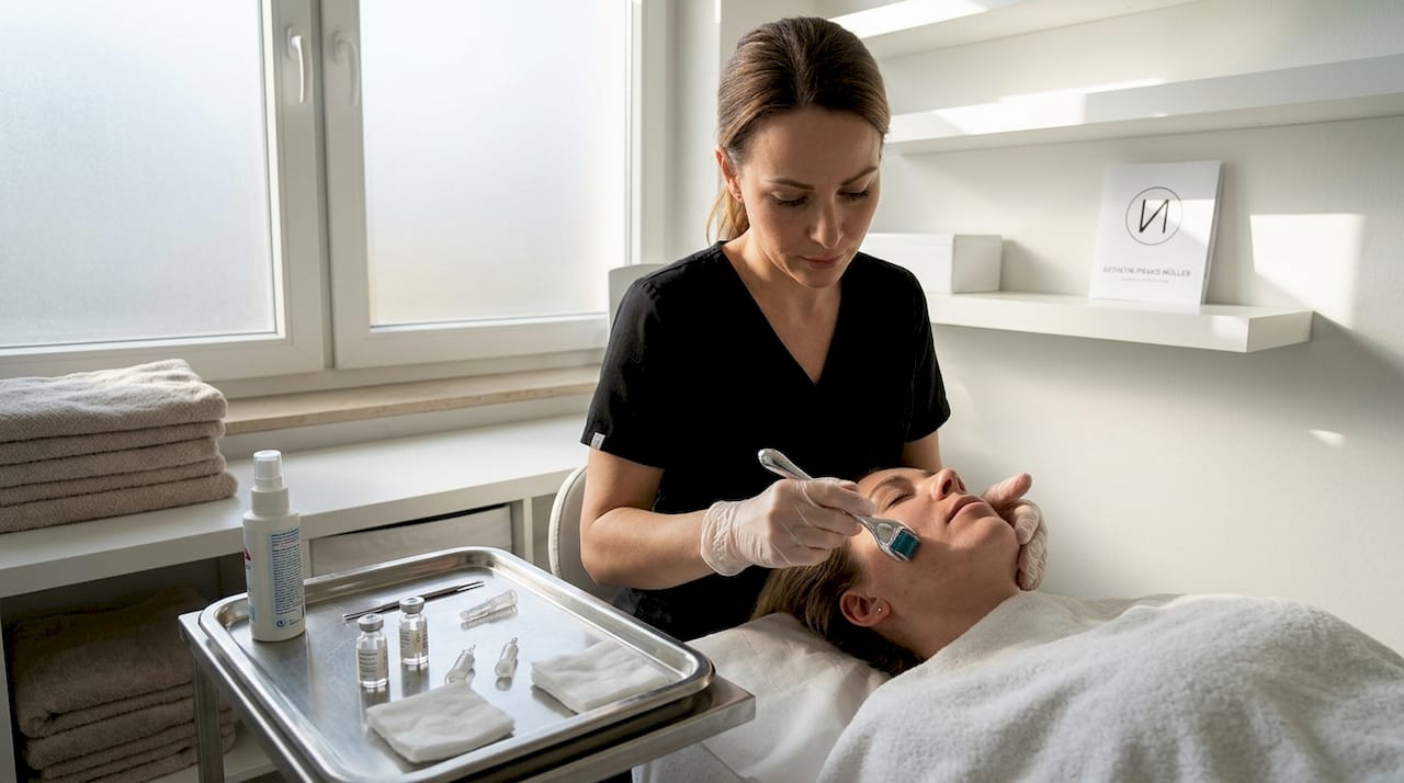 Eine Kosmetikerin führt eine Microneedling-Behandlung durch.