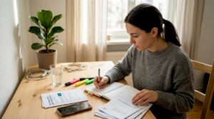 Eine Frau sortiert Unterlagen für ihren Kosmetikkurs und bringt Ordnung in die Kursorganisation.