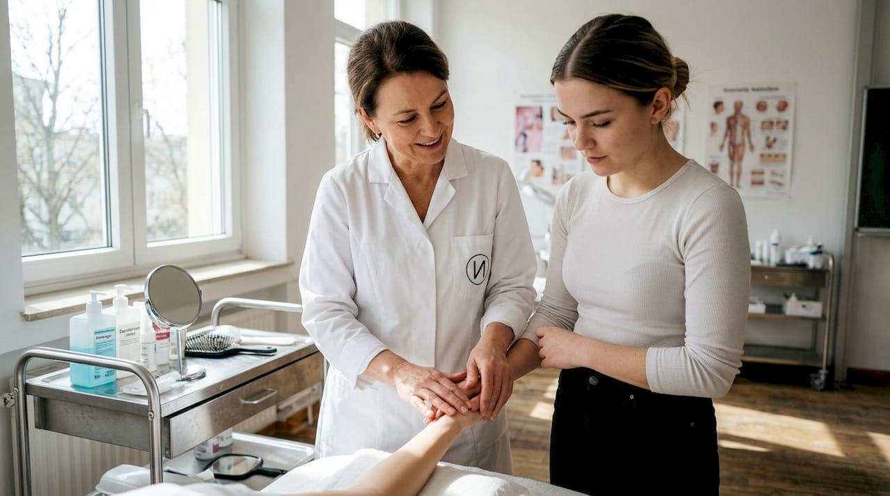 Eine Kosmetikausbilderin führt ihrer Schülerin Schritt für Schritt die Behandlung vor und erklärt dabei alle wichtigen Details.