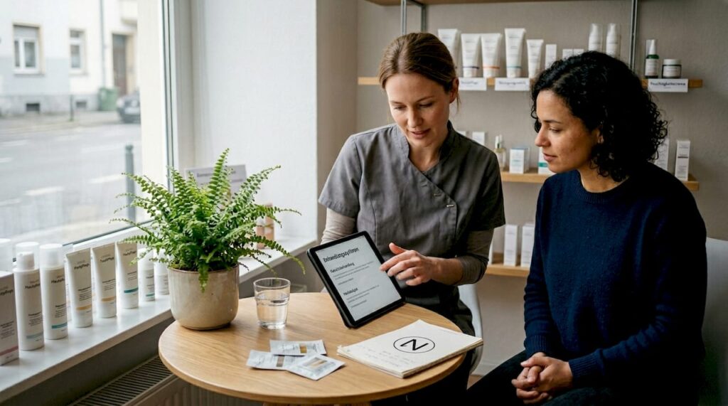 Im Kosmetikstudio führt die Kosmetikerin ein Beratungsgespräch mit ihrer Kundin.