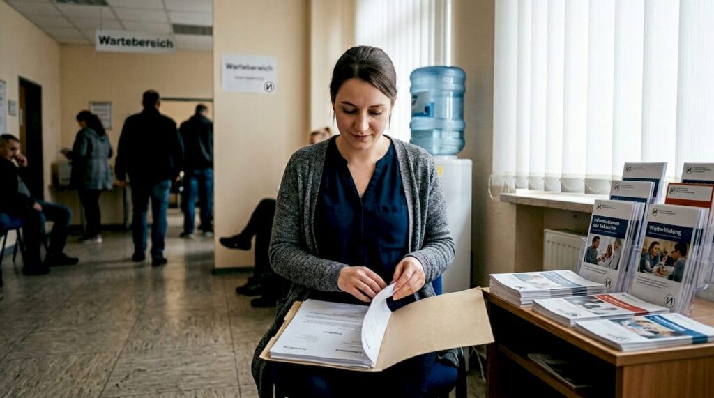 Eine Frau sitzt mit ihrer Bewerbungsmappe im Wartebereich des Jobcenters.