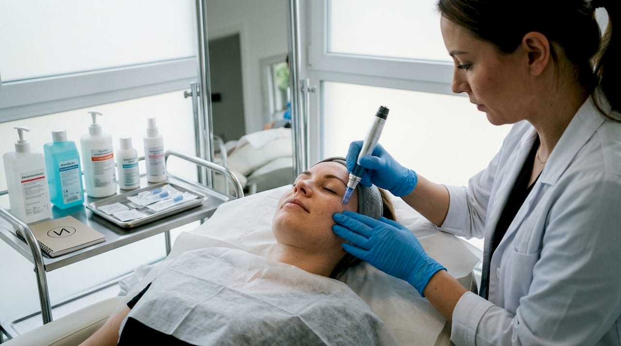 Eine Kosmetikerin führt im Studio eine Microneedling-Behandlung mit einem speziellen Pen durch.