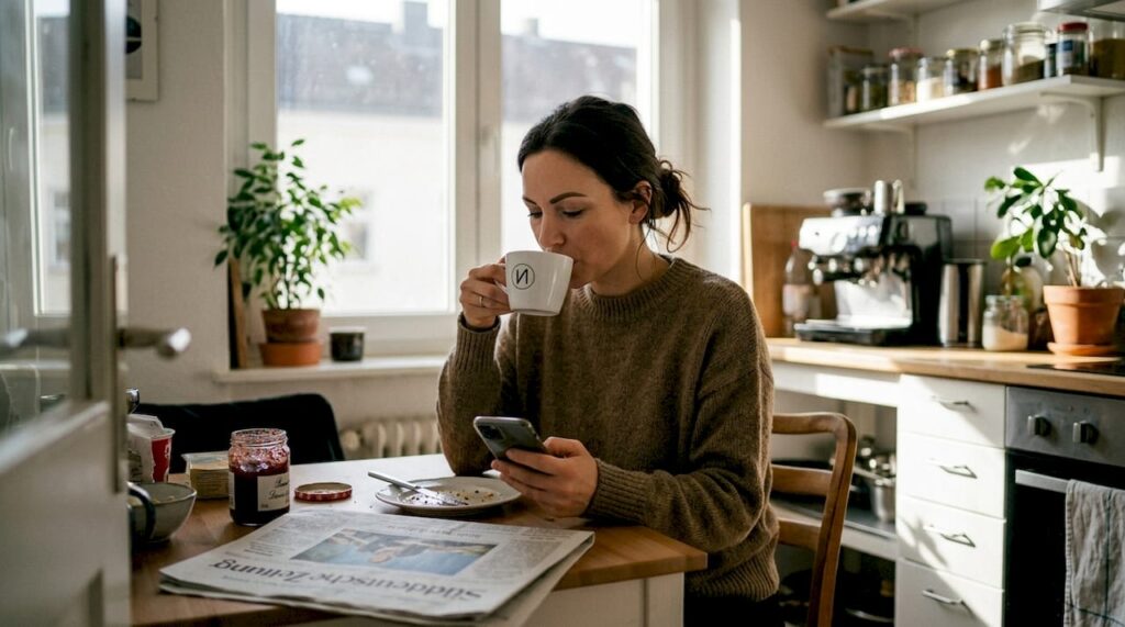 Frau startet entspannt in den Tag – dank Permanent Make-up gehört langes Schminken am Morgen der Vergangenheit an.