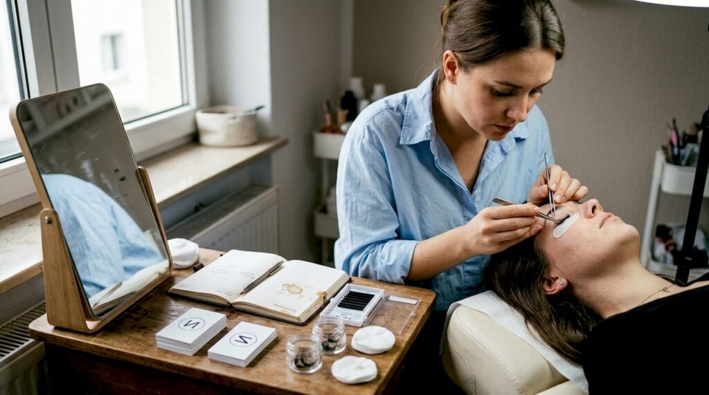 Eine Wimpernstylistin begutachtet ihre Arbeit direkt am Behandlungsplatz.