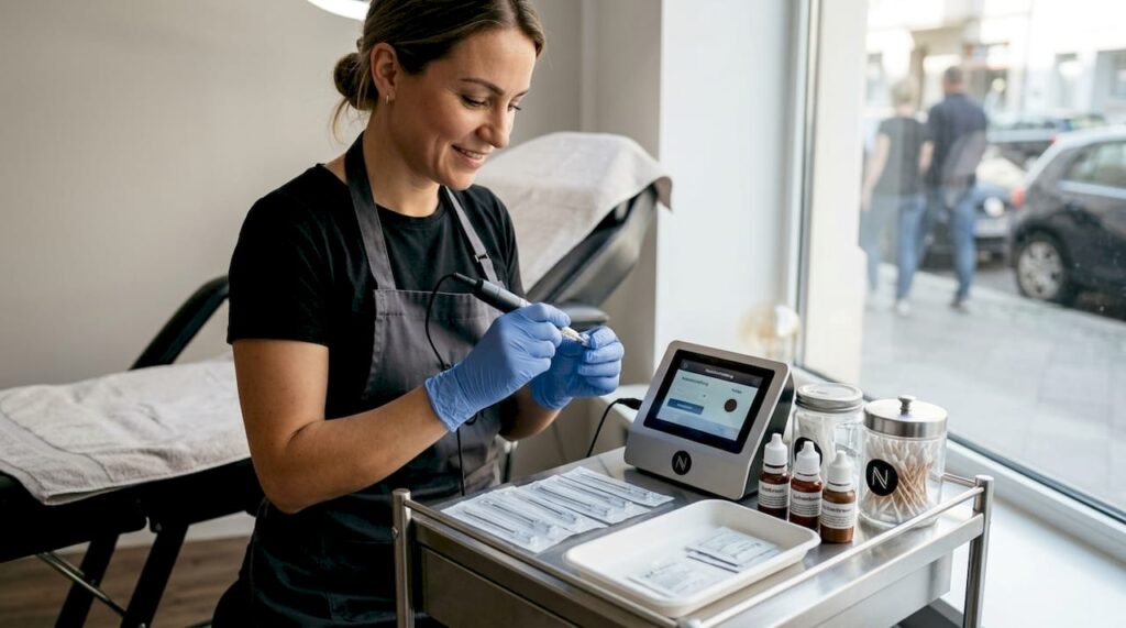 Eine Permanent-Make-up-Spezialistin bereitet im Studio sorgfältig ihre Arbeitsutensilien vor.