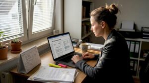 Eine Frau arbeitet konzentriert an ihren NiSV-Schulungsunterlagen und prüft die Inhalte sorgfältig.