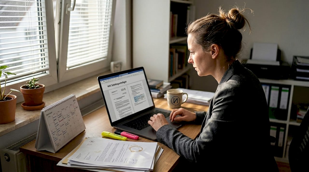 Eine Frau arbeitet konzentriert an ihren NiSV-Schulungsunterlagen und prüft die Inhalte sorgfältig.