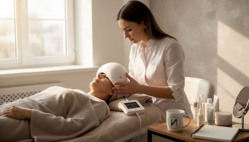 Eine Kosmetikerin passt die LED-Gesichtsmaske individuell bei ihrer Kundin an.