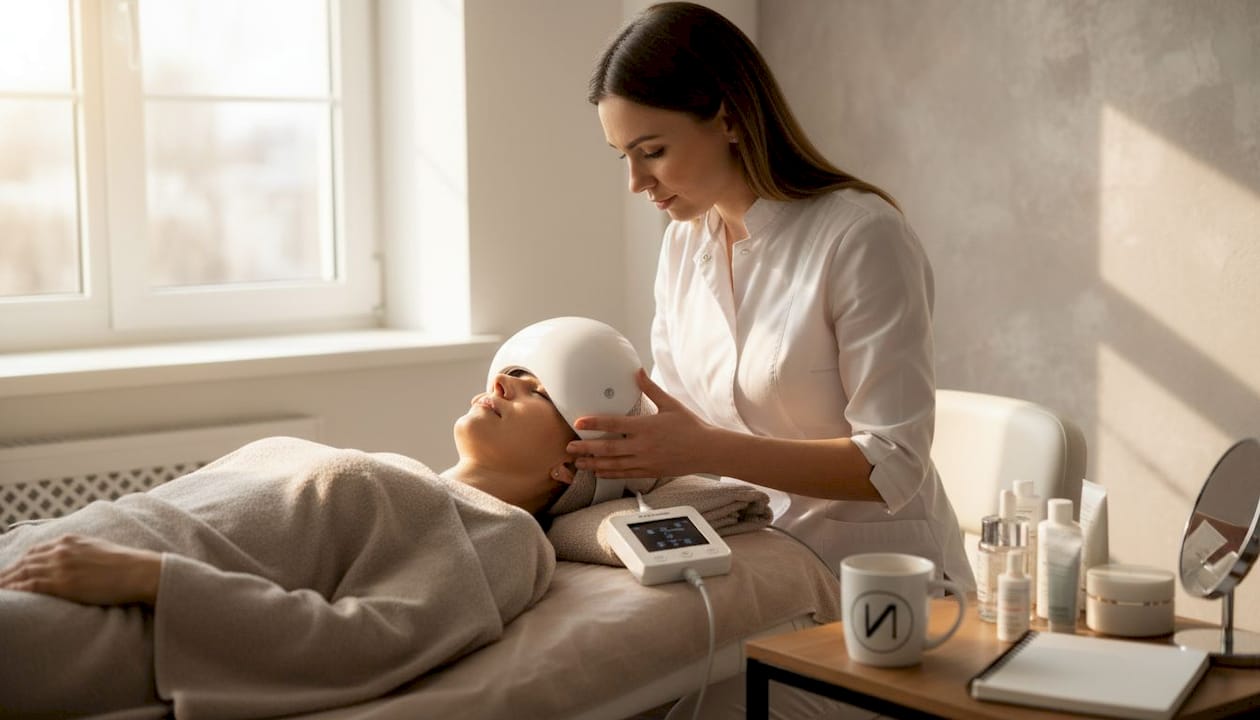 Eine Kosmetikerin passt die LED-Gesichtsmaske individuell bei ihrer Kundin an.