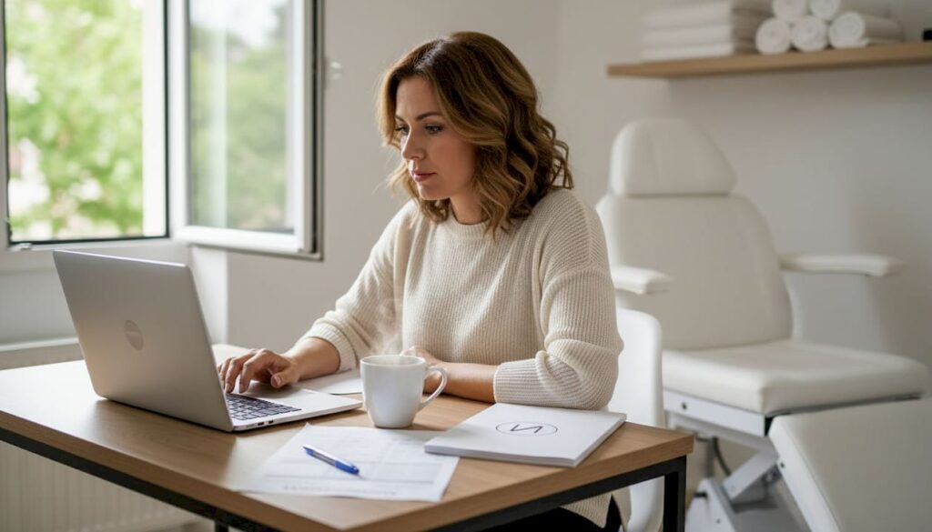 Eine Frau sitzt im Kosmetikstudio und arbeitet am Laptop.