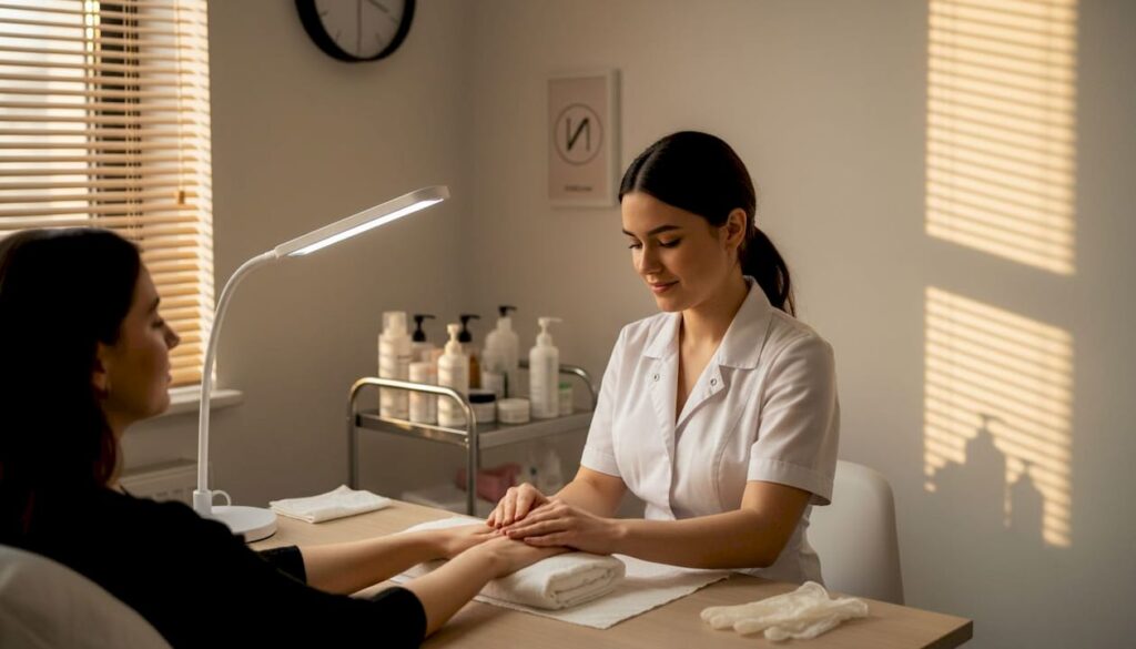 Unsere Auszubildende zur Kosmetikerin sammelt praktische Erfahrung bei der Durchführung von Handmassagen.