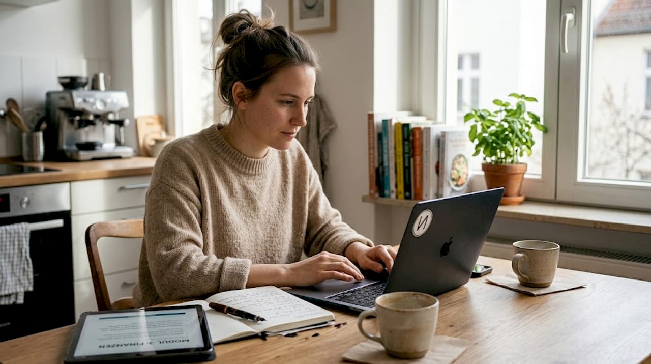 Am Küchentisch absolviert eine Frau ihre Online-Ausbildung zur Kosmetikerin.