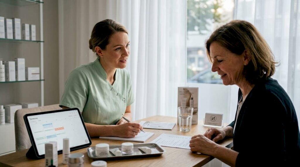 Eine Kosmetikerin berät ihre Kundin persönlich im Studio.
