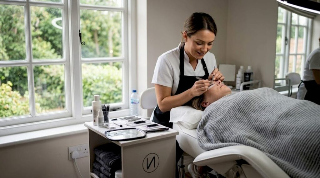 Eine Kosmetikerin bringt im Studio professionelle Wimpernverlängerungen an.