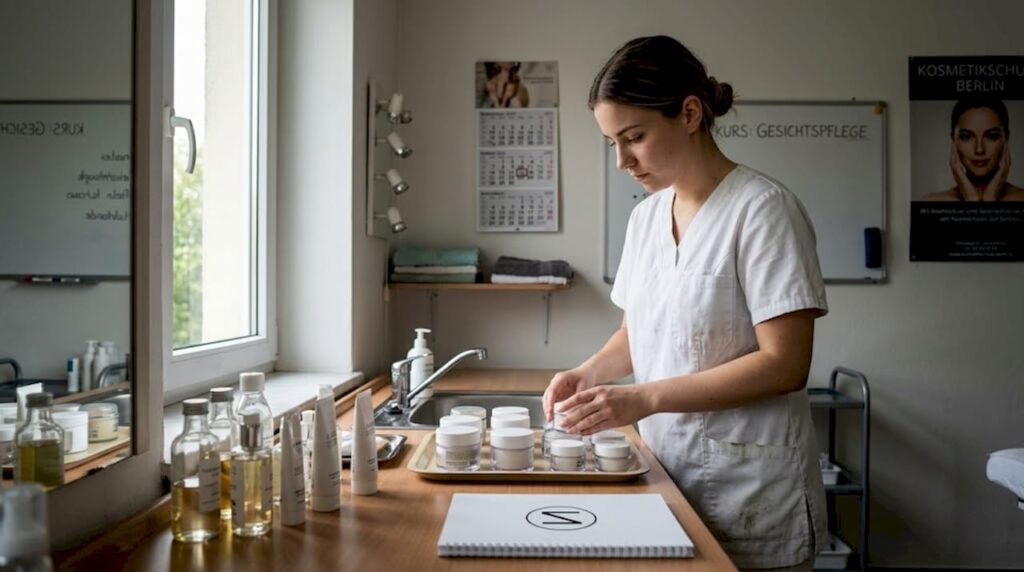 Eine junge Frau richtet ihren Arbeitsplatz für den Kosmetikkurs ein.