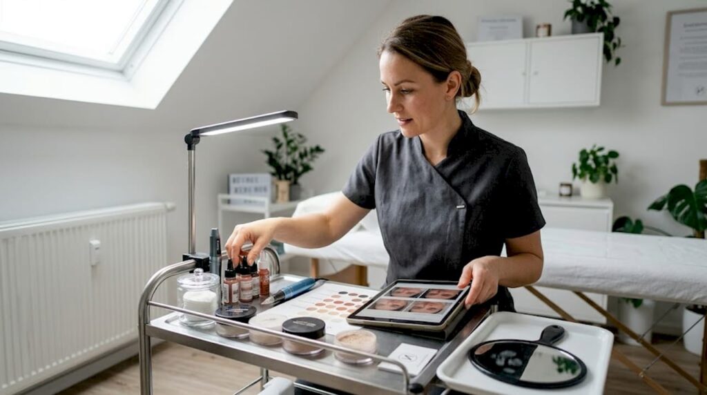 Eine Visagistin legt im Studio ihre Arbeitsutensilien bereit.