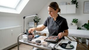 Eine Visagistin legt im Studio ihre Arbeitsutensilien bereit.