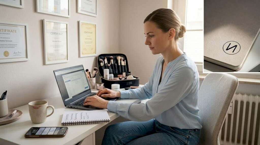 Eine Kosmetikerin plant am Empfang ihres Salons die nächste Marketingaktion.