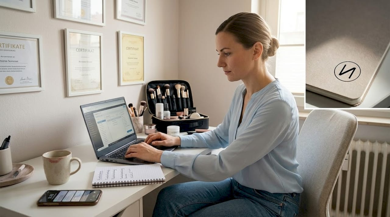Eine Kosmetikerin plant am Empfang ihres Salons die nächste Marketingaktion.