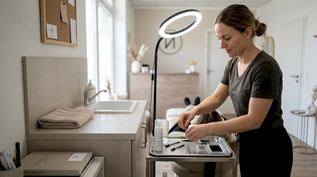 Eine Lash-Stylistin richtet ihren Arbeitsplatz im Beauty-Studio sorgfältig her und bereitet alles für die nächste Kundin vor.