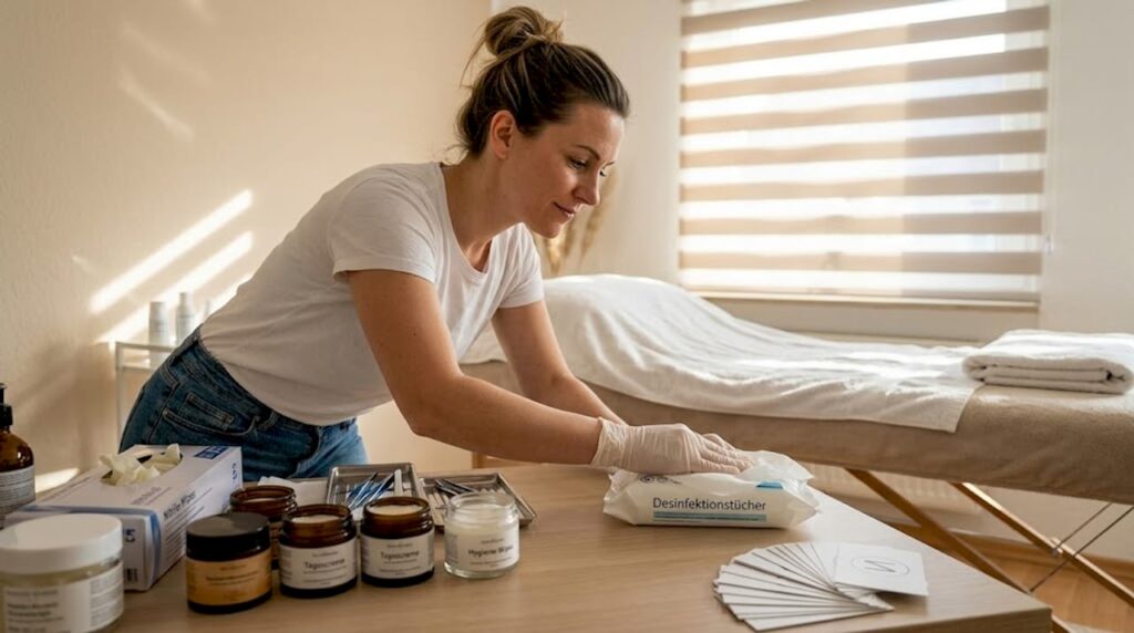 Nach jeder Behandlung sorgt die Kosmetikerin dafür, dass ihr Arbeitsplatz gründlich gereinigt und für den nächsten Kunden vorbereitet wird.