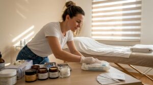 Nach jeder Behandlung sorgt die Kosmetikerin dafür, dass ihr Arbeitsplatz gründlich gereinigt und für den nächsten Kunden vorbereitet wird.